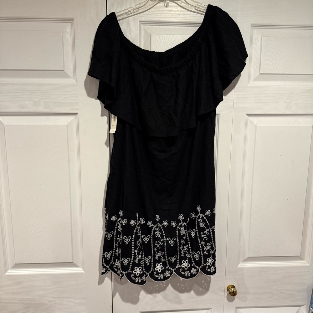 Old Navy Womens Linen Blend Mini Dress Black Off-the-Shoulder Floral Embroidery